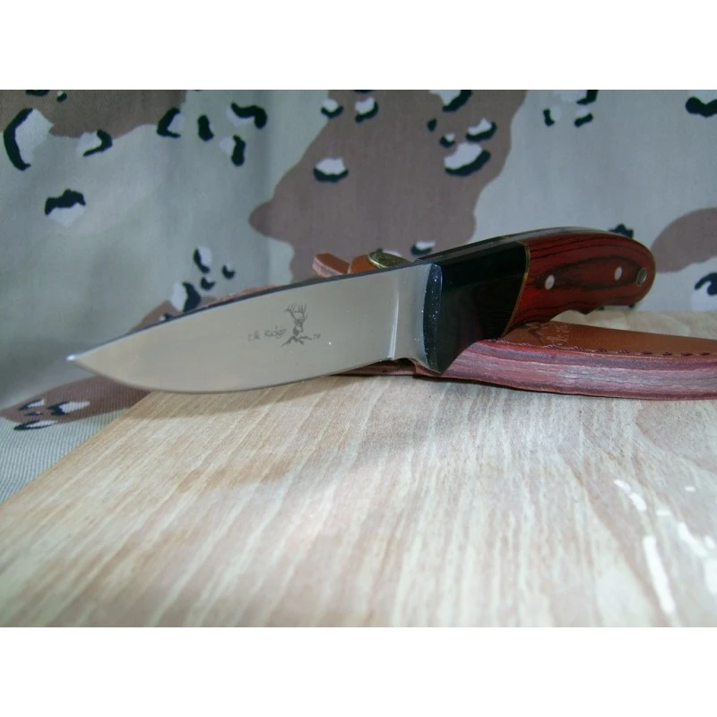 ER029 Couteau De Chasse Randonnée Elk Ridge Manche 2 Bois Lame Acier 440 Etui Cuir – Image 3