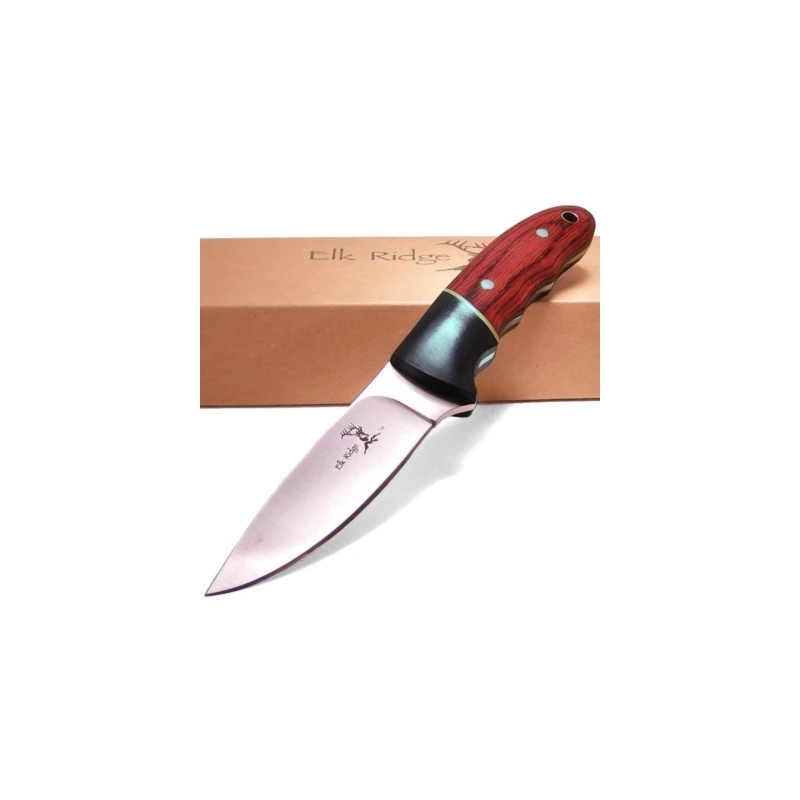 ER029 Couteau De Chasse Randonnée Elk Ridge Manche 2 Bois Lame Acier 440 Etui Cuir