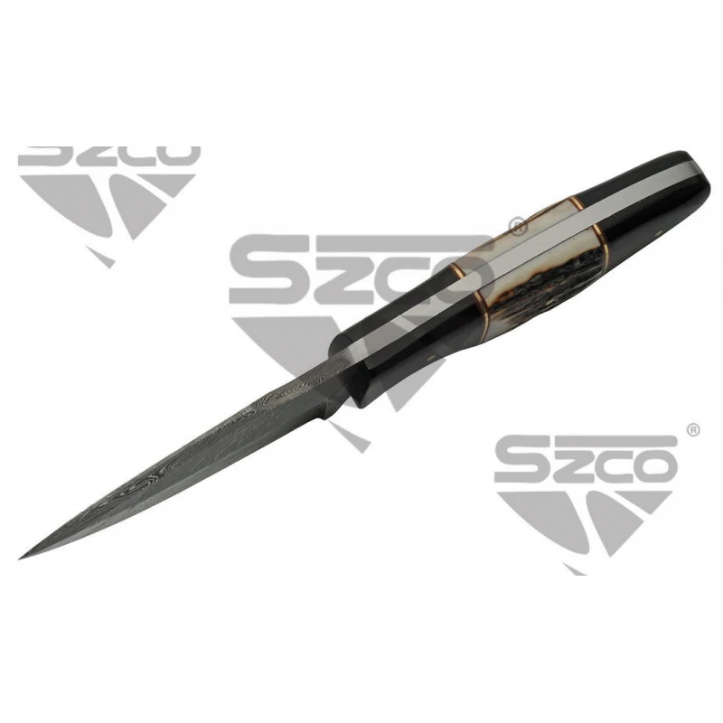 Couteau Skinner Damas 256 Couches Manche Bois De Chevreuil/Corne Etui Cuir DM1294SG – Image 4