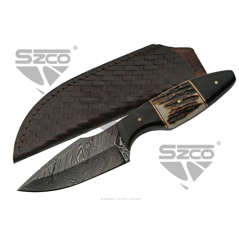 Couteau Skinner Damas 256 Couches Manche Bois De Chevreuil/Corne Etui Cuir DM1294SG – Image 8