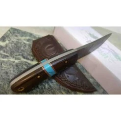 Couteau Skinner Damas 256 Couches Manche Bois Etui Cuir DM1243