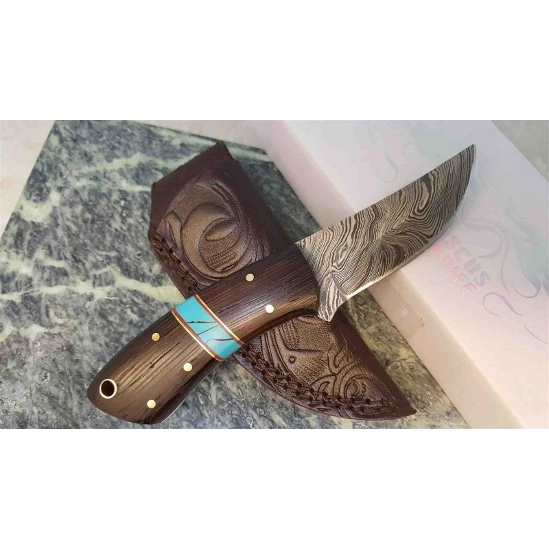 Couteau Skinner Damas 256 Couches Manche Bois Etui Cuir DM1243 – Image 4