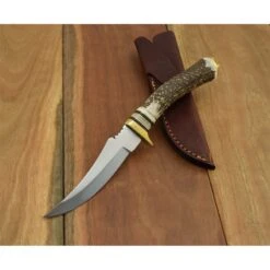 Couteau Skinner Lame Acier Carbone/Inox Manche Bois De Cerf Etui Cuir SS7002