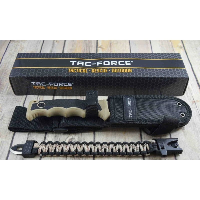 Couteau Tac Force Tactical Manche Tan Lame Acier 3Cr13 Etui Nylon Bracelet Paracorde TFFIX005TN – Image 2