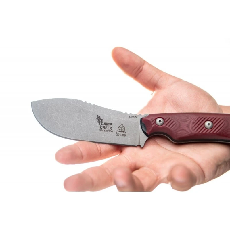 Couteau TOPS Camp Creek Fire Edition Lame Acier CPM S35VN Manche Red/Black G10 Etui Cuir USA TPCPCKFE01 – Image 9