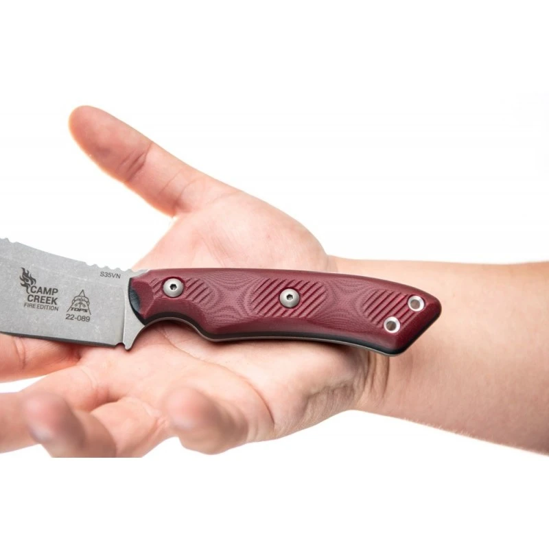 Couteau TOPS Camp Creek Fire Edition Lame Acier CPM S35VN Manche Red/Black G10 Etui Cuir USA TPCPCKFE01 – Image 10