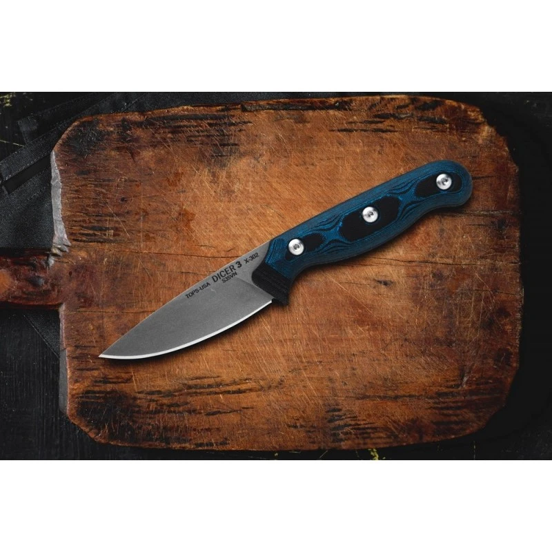 Couteau Tops Dicer 3 Paring Lame Acier CPM-S35VN Manche Micarta/G-10 Etui Kydex Made In USA TPDCR301