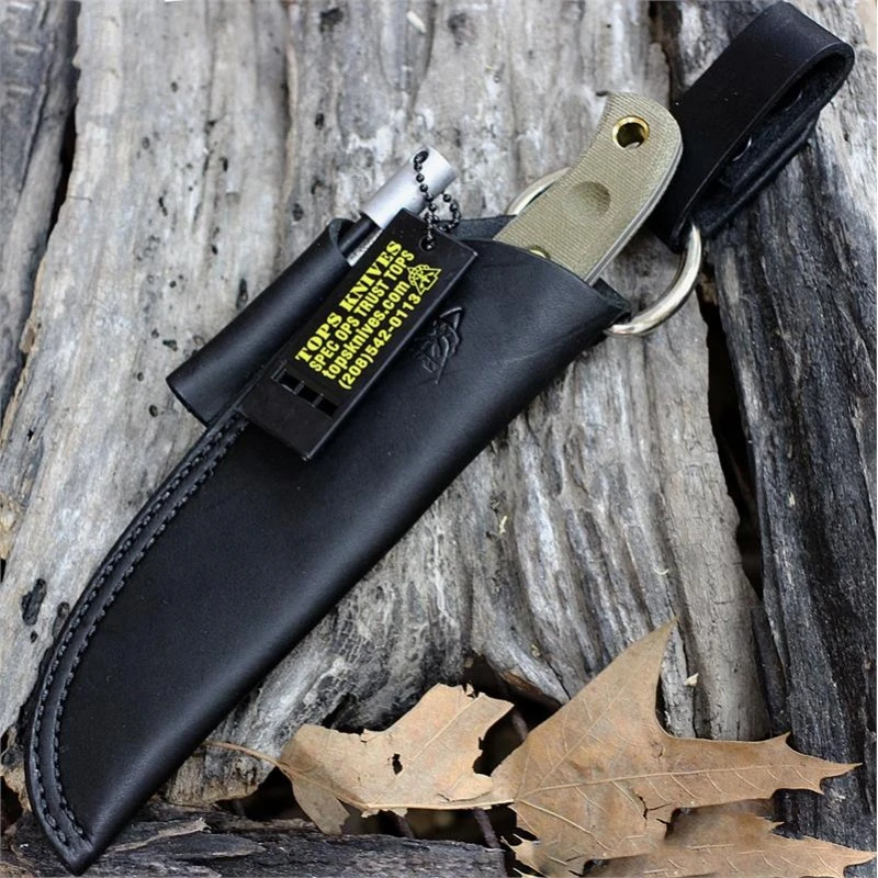 Couteau Tops Knives Baja 4.5 Acier Carbone 1095 Etui Cuir + Sifflet + Fire Start Made In USA TPBAJA45 – Image 2