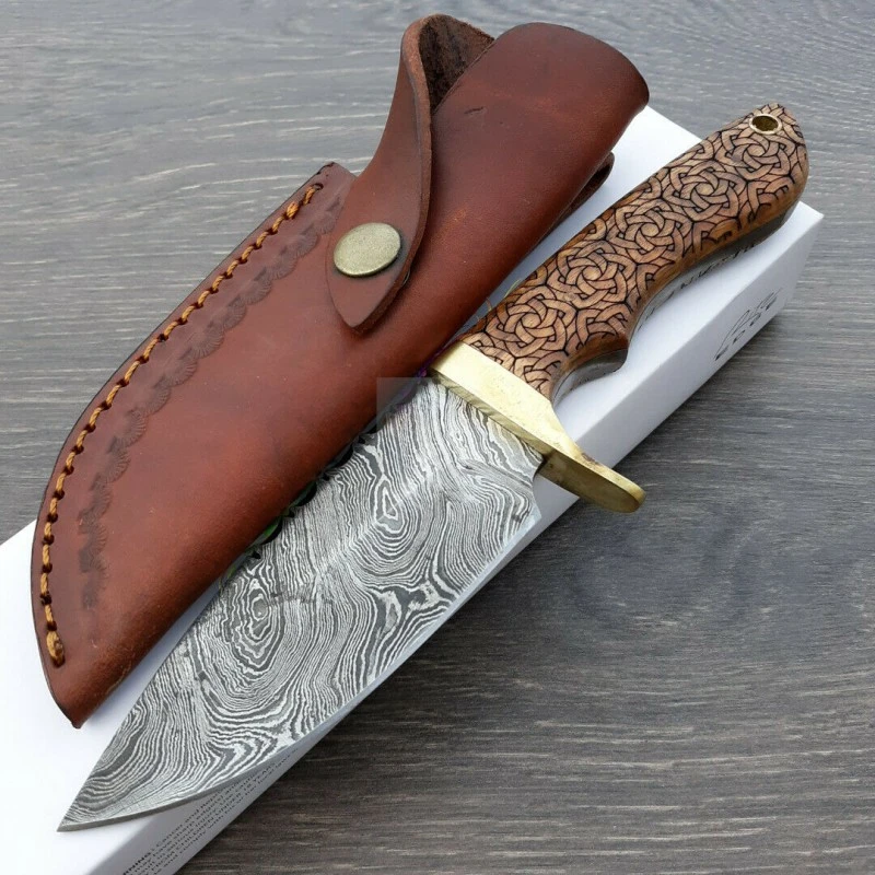 DM1208 Couteau Damas Celtic Knot Hunter Damas 256 Couches Manche Bois Etui Cuir – Image 8