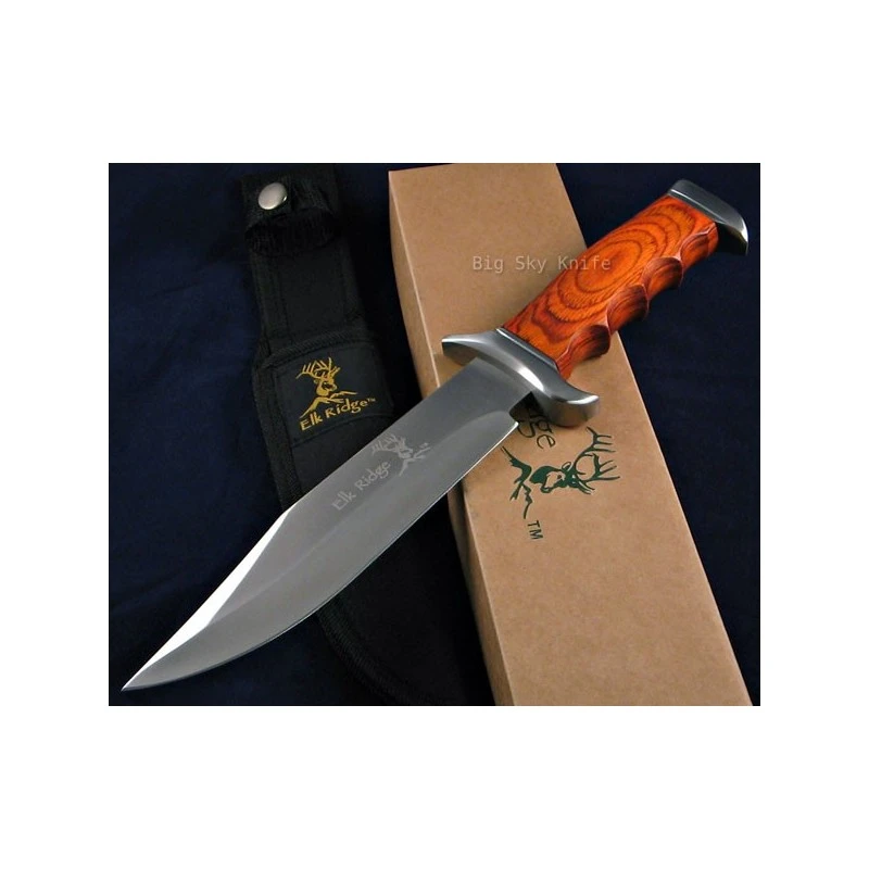 ER012 Bowie Couteau De Chasse Elk Ridge Large Hunter Lame Acier 440 Manche Bois