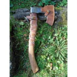 Grosse Hache De Viking Chef Harald Hardrada Lame Acier Carbone 1055 Manche Bois Etui Cuir Marbles MR617