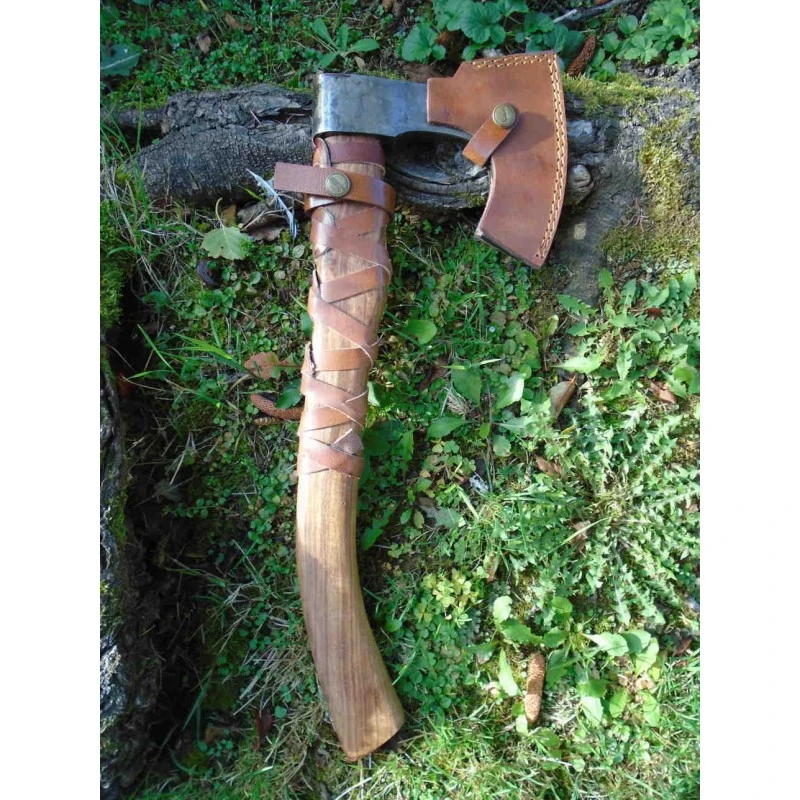 Grosse Hache De Viking Chef Harald Hardrada Lame Acier Carbone 1055 Manche Bois Etui Cuir Marbles MR617