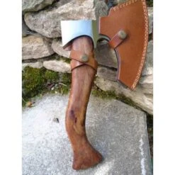 Hache De Viking Lame Acier Carbone 1055 Manche Bois Etui Cuir Marbles MR616