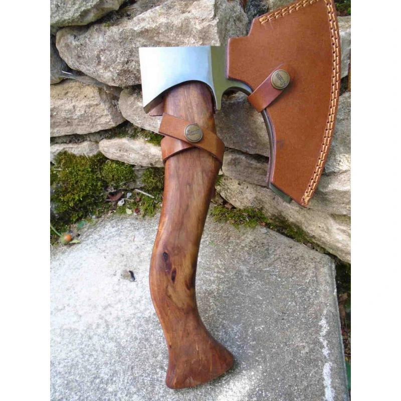 Hache De Viking Lame Acier Carbone 1055 Manche Bois Etui Cuir Marbles MR616