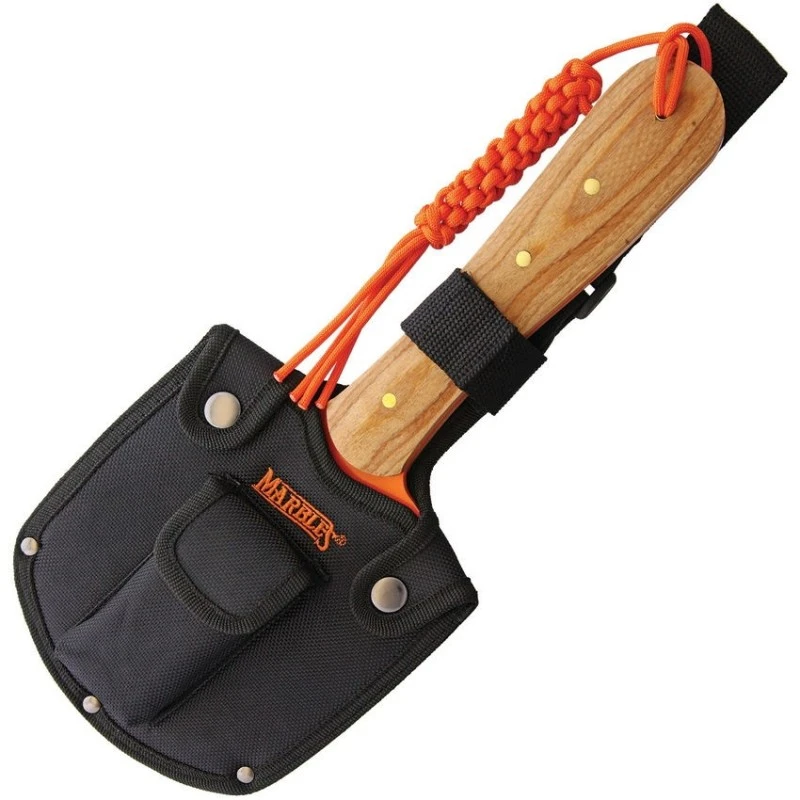 Hache Pelle Marbles Chopper Orange Lame Acier Inox Manche Bois Etui Nylon Avec Pierre Affuter MR557 – Image 2