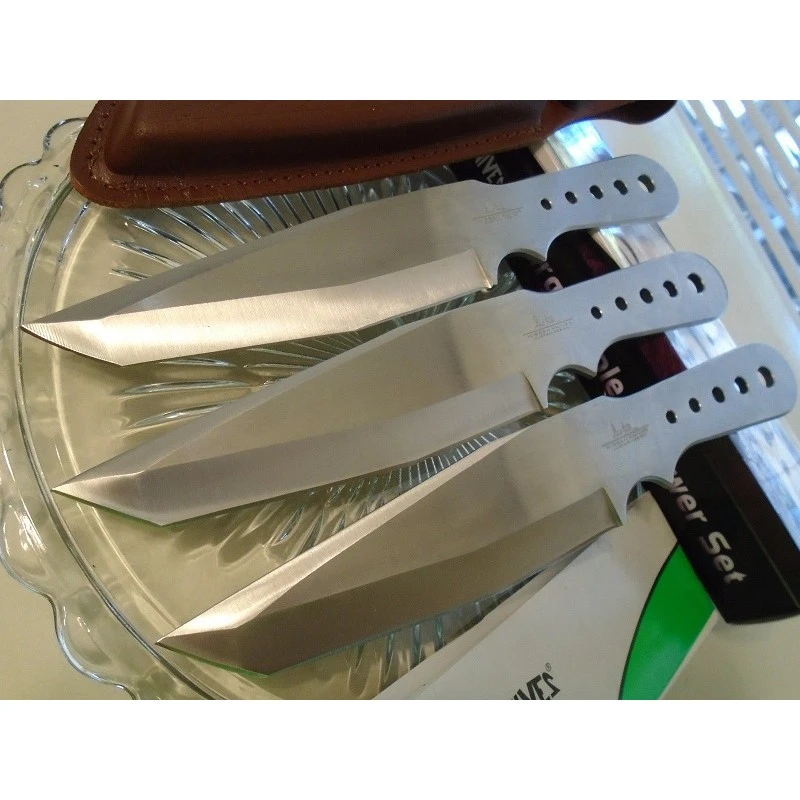 Lot De 3 Couteaux De Lancer Hibben Large Triple Thrower Tanto Lame Acier Inox Cible + Etui Cuir GH5003