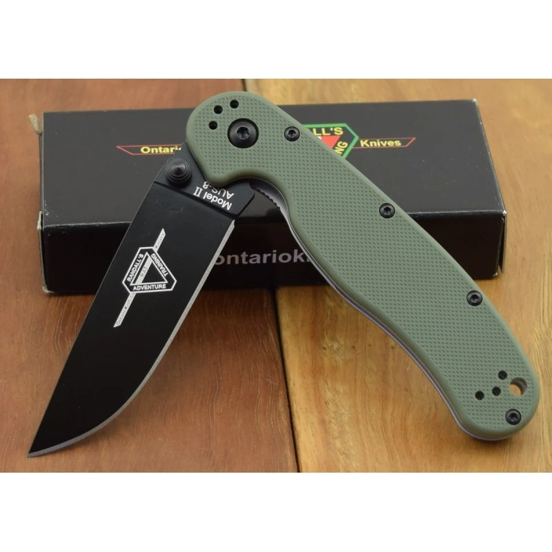 ON8861OD Couteau ONTARIO RAT II OD Green Lame Acier AUS8 Manche Nylon Linerlock