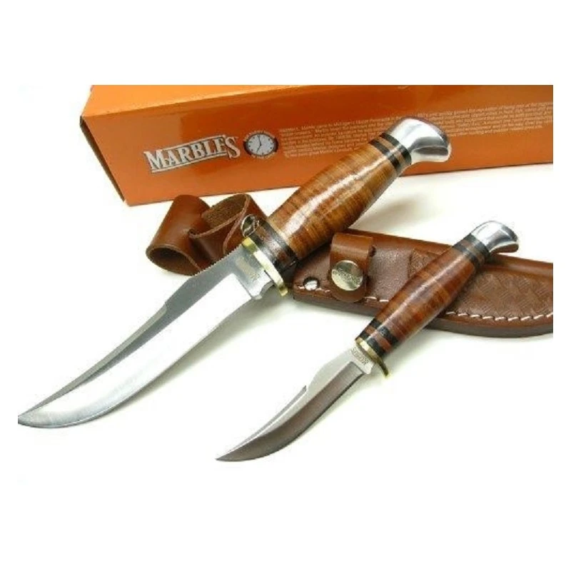Set De 2 Couteaux Marbles Hunting Chasse Randonnée Survie Acier Carbone Manche & Etui Cuir MR398