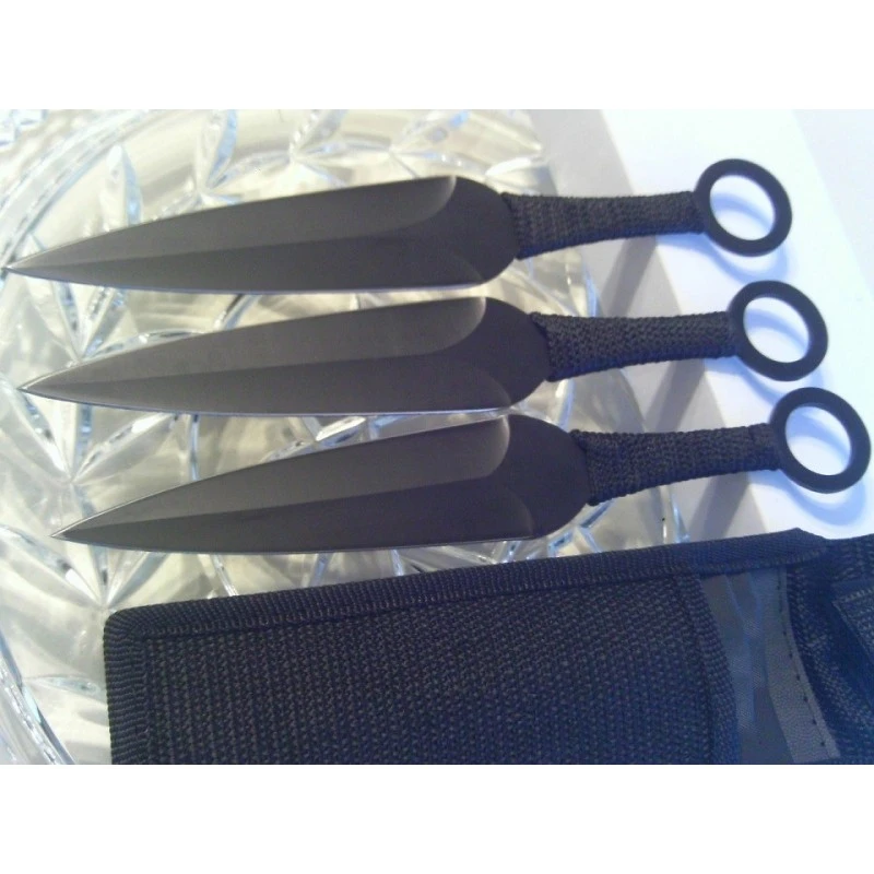 Set De 3 Couteaux De Lancer Acier Inox Noir Etui Nylon Thrower Triple Set Ninja Kunai Throwning MI175 – Image 2