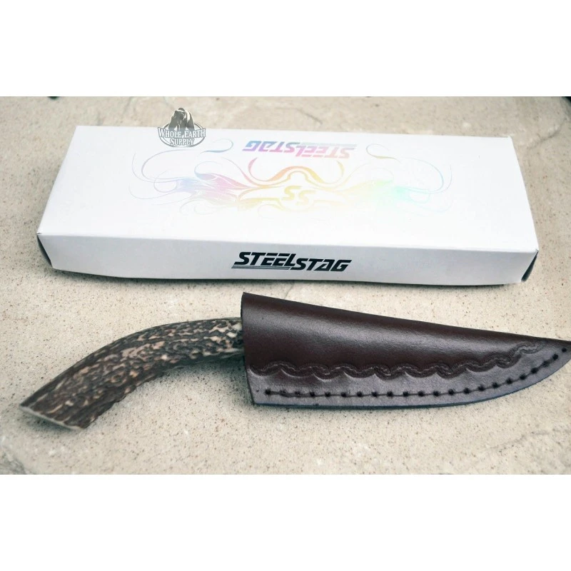 Skinner Couteau De Chasse Hunter Acier Carbone Manche Bois De Cerf Etui Cuir SS7017 – Image 2