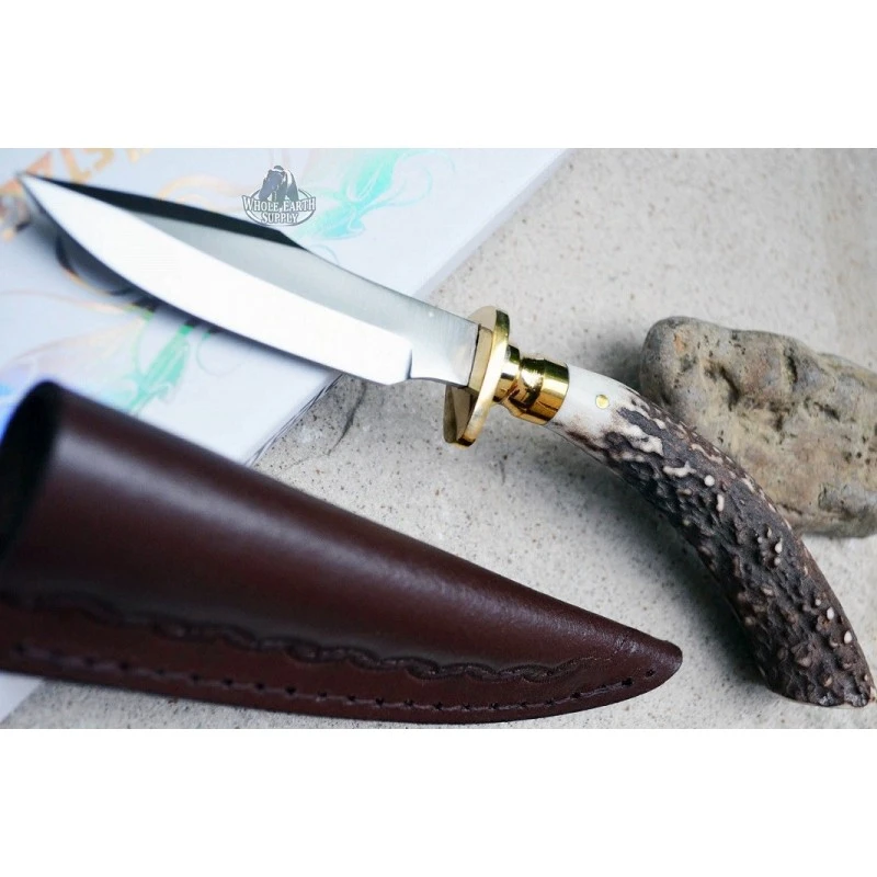Skinner Couteau De Chasse Hunter Acier Carbone Manche Bois De Cerf Etui Cuir SS7017